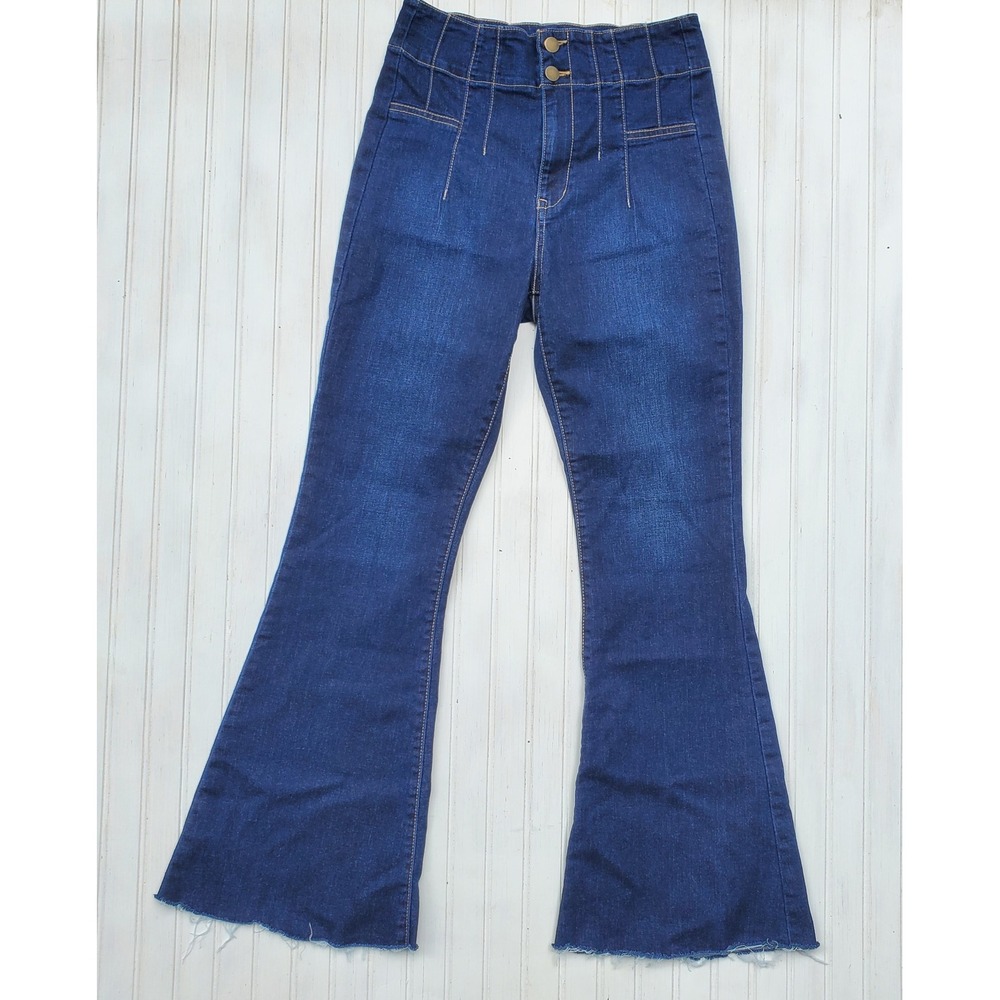 Altar'd State High Waisted Flare Jeans Dark Wash Raw Hem Size 27 Boho Retro‎